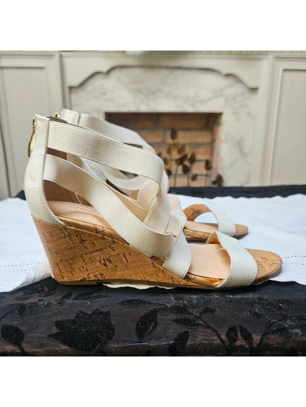 Liz claiborne white wedge strappy heels faux cork sz 7.5 - Picture 2 of 6